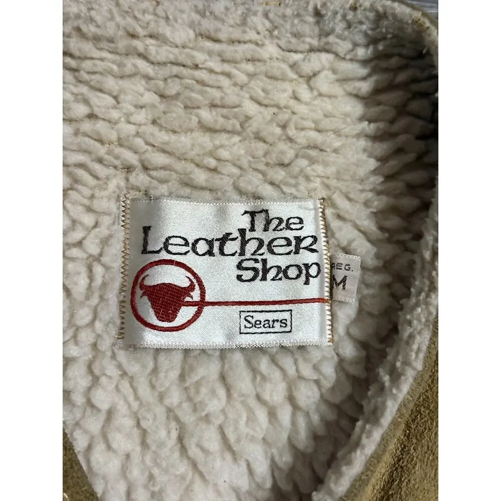 Vintage Sears The Leather Shop Sherpa Lined Tan Vest Retro - Men’s Medium